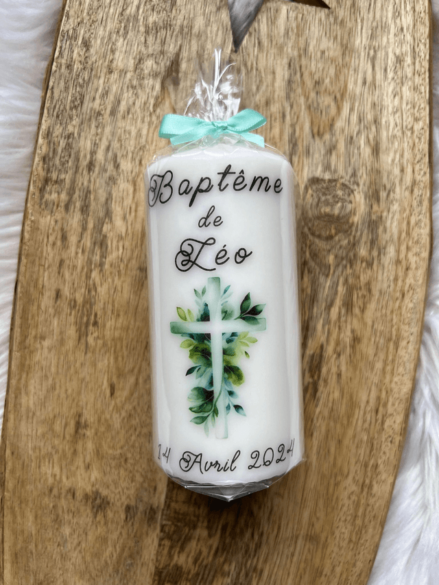 Bougie baptême personnalisée croix feuilles