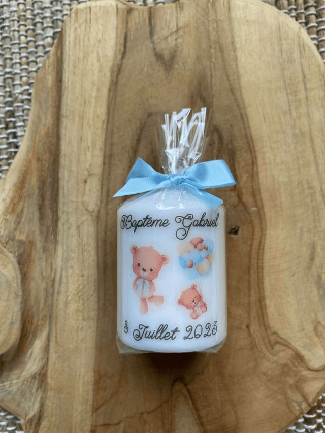 Bougie et chandelle de baptême avec OURSON BLEU ET BALLONS