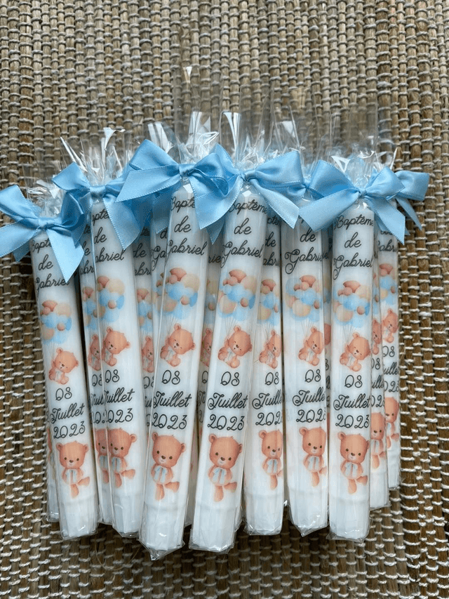 Bougie et chandelle de baptême avec OURSON BLEU ET BALLONS