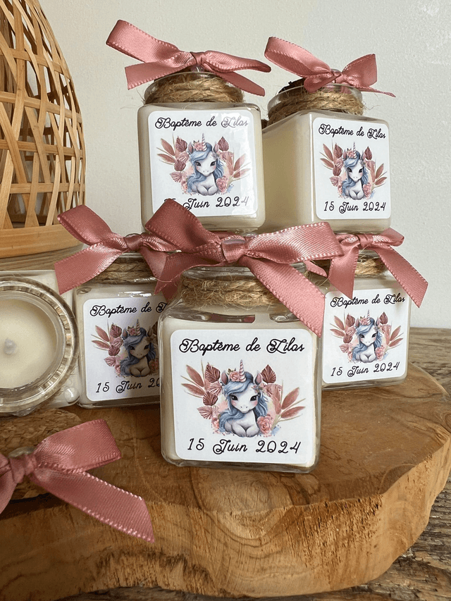 Pots en verre avec bougie ou dragées ou vide personnalisés thème licorne fleurs pampas