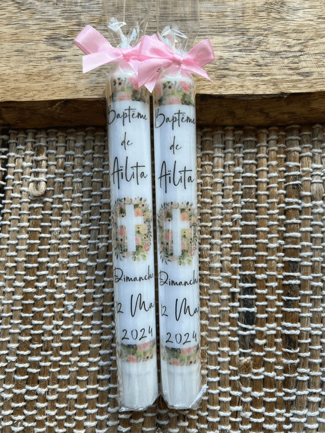 Bougie baptême personnalisée croix fleurs