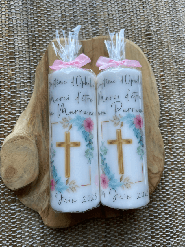 Bougie de baptême personnalisée Croix dorée et fleurs