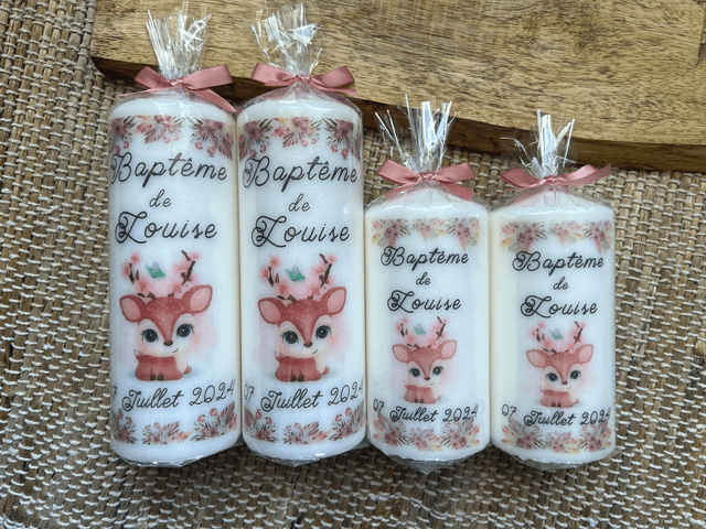 Bougie baptême personnalisée faon biche fleurs