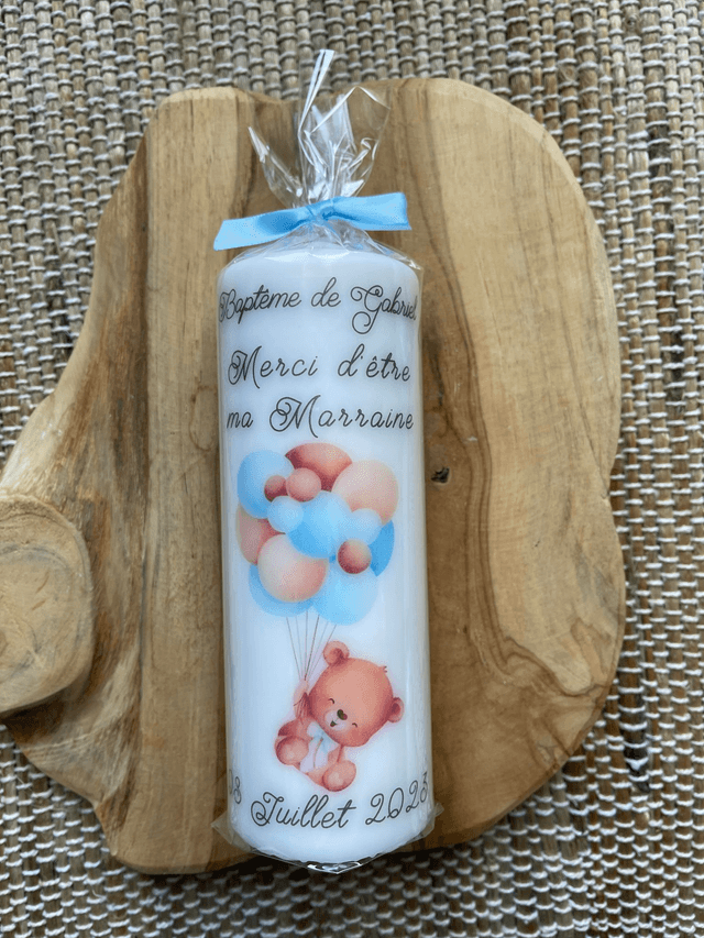 Bougie et chandelle de baptême avec OURSON BLEU ET BALLONS