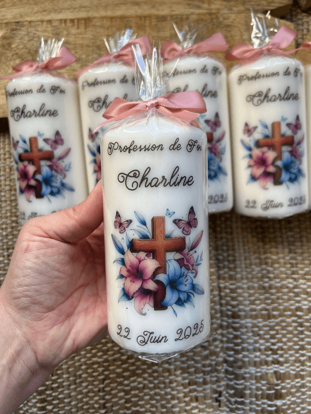 Bougie Profession de foi, baptême, communion, croix et fleurs