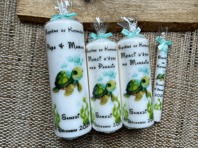 Bougie baptême, communion, naissance personnalisée thème Tortue