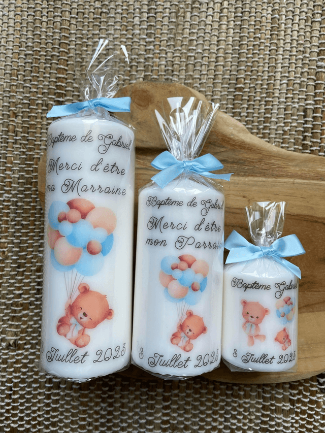 Bougie et chandelle de baptême avec OURSON BLEU ET BALLONS