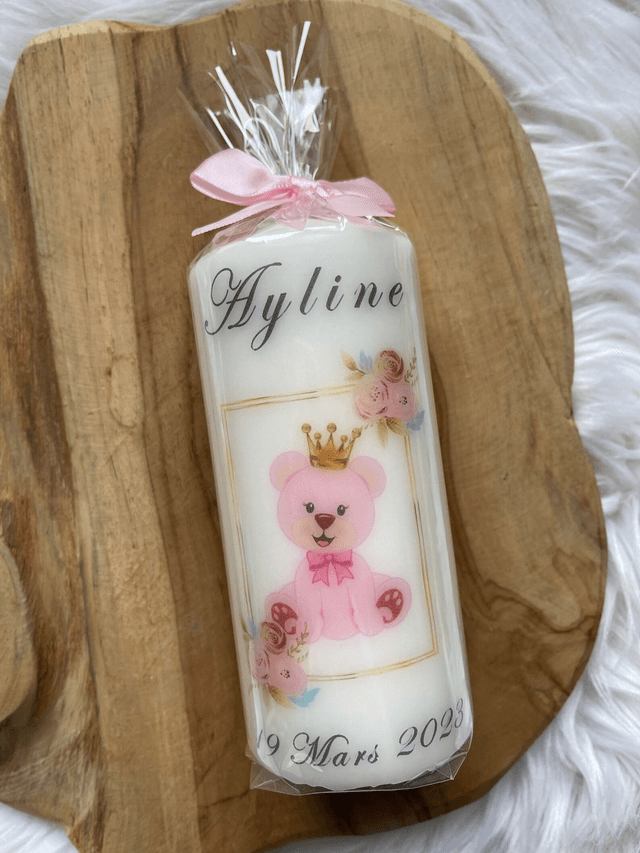 Bougie baptême naissance communion personnalisée ours rose couronne fleurs