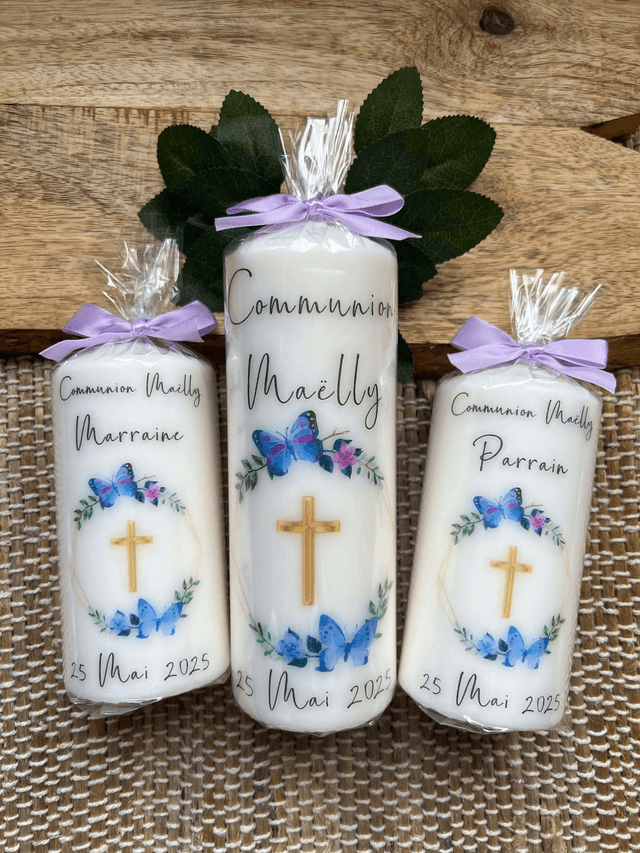 Bougie baptême, communion, couronne papillons, fleurs, croix dorée