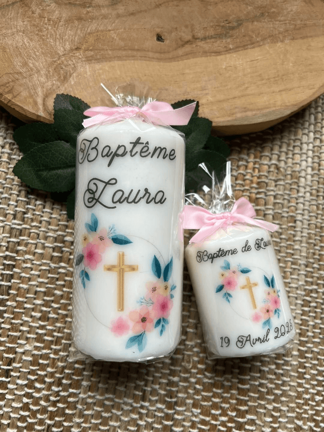 Bougie baptême, communion, naissance personnalisée croix, couronne fleurs !