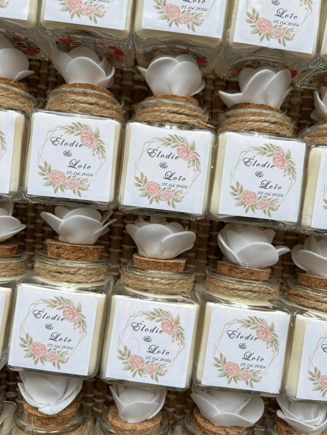 Pots en verre avec  bougie ou dragées ou vide  personnalisés avec couronne fleurs ! (2)