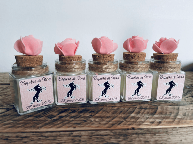 Pots en verre avec bougie ou dragées personnalisés avec Licorne pour baptême
