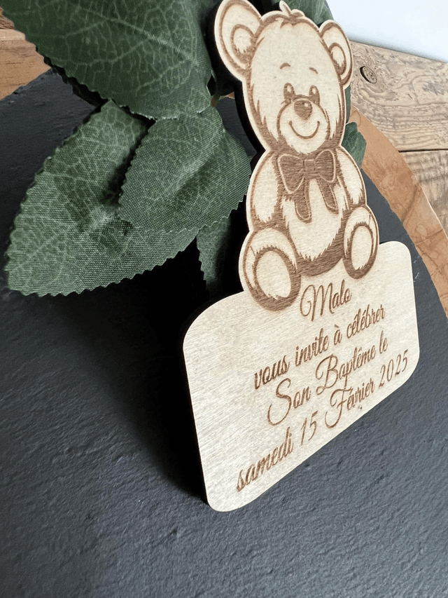 Faire-part Ours baptême naissance anniversaire en bois