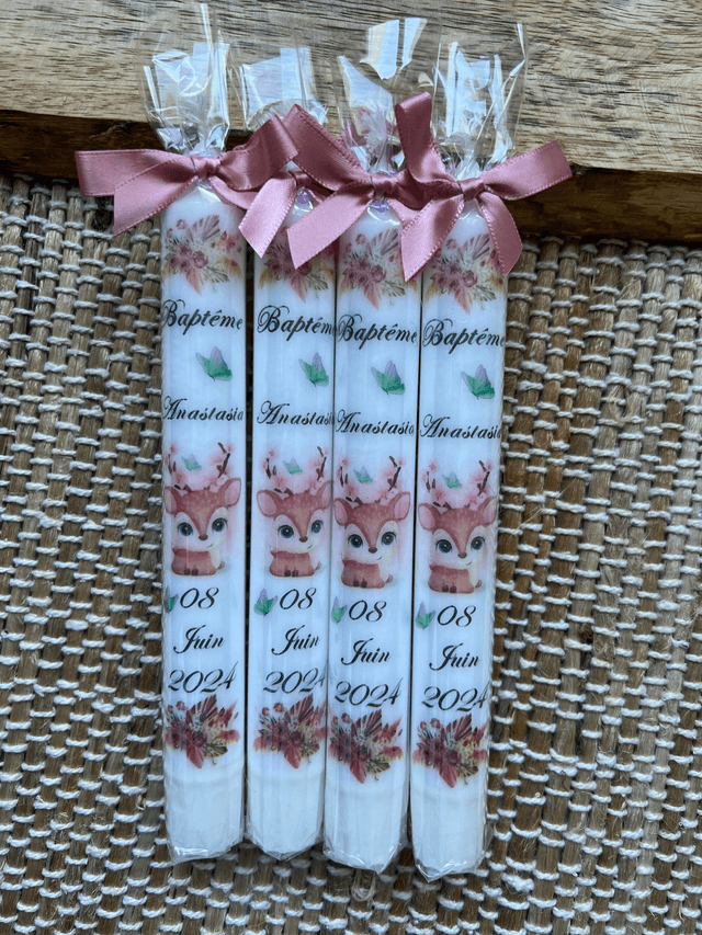 Bougie baptême personnalisée faon biche fleurs