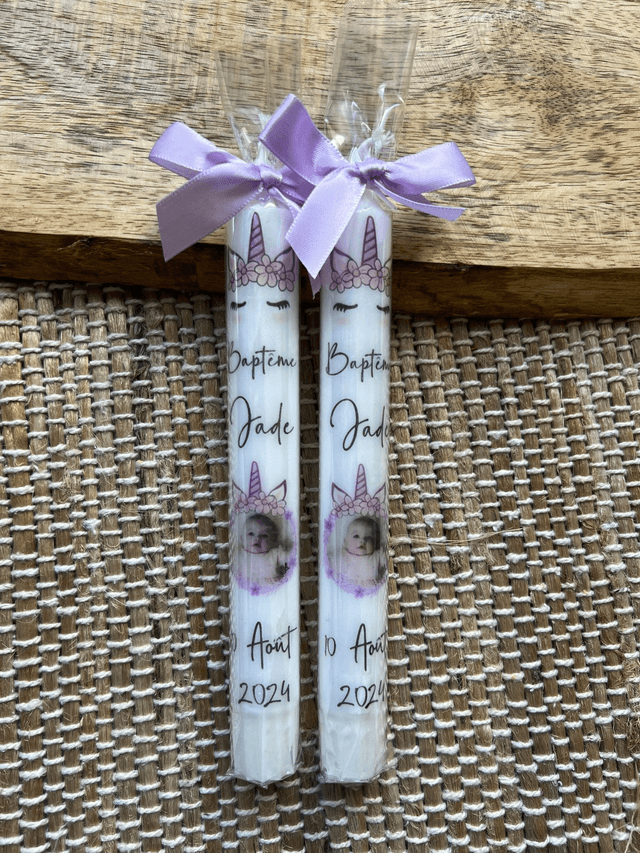 Bougie baptême, communion, naissance personnalisée avec photo et cadre Licorne