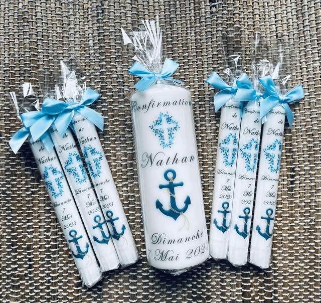 Bougie baptême personnalisée croix ancre marine