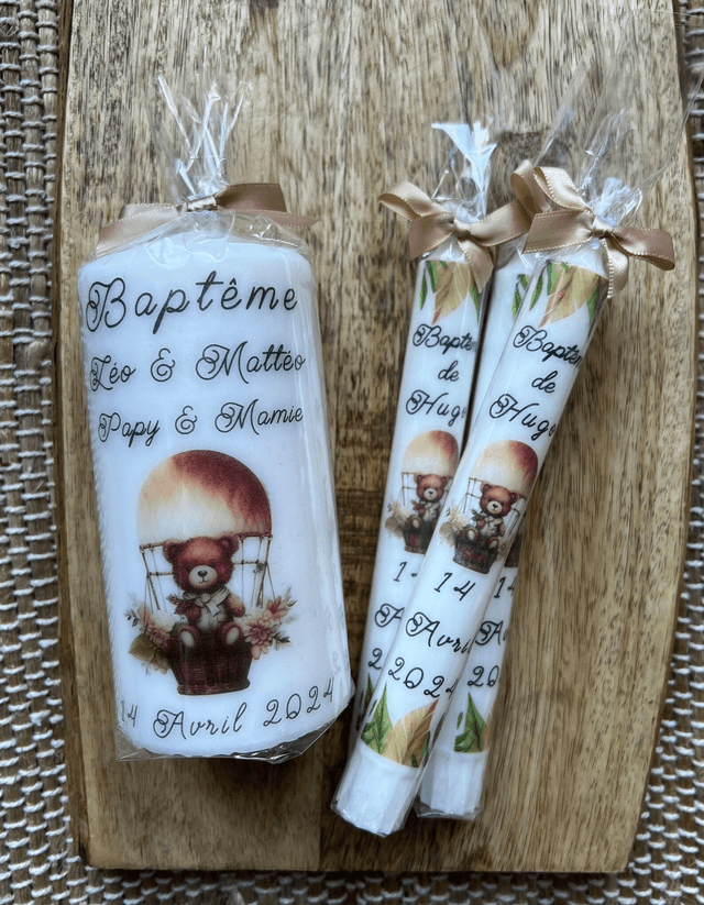Bougie baptême personnalisée ourson montgolfière