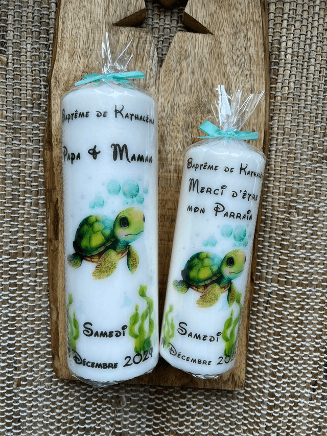 Bougie baptême, communion, naissance personnalisée thème Tortue