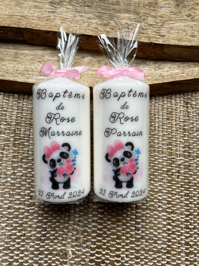 Bougie baptême personnalisée thème panda avec fleurs