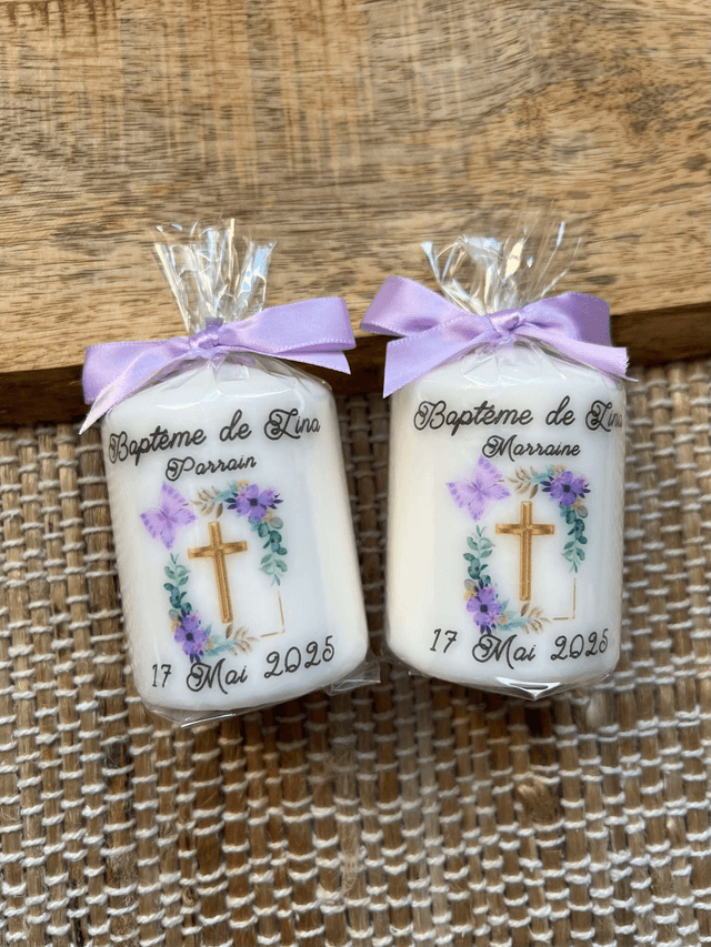Bougie baptême, communion, couronne papillons, cadre floral papillon et croix