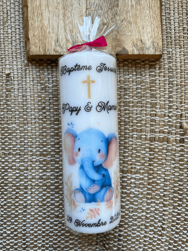 Bougie baptême, communion, naissance personnalisée Eléphant + croix