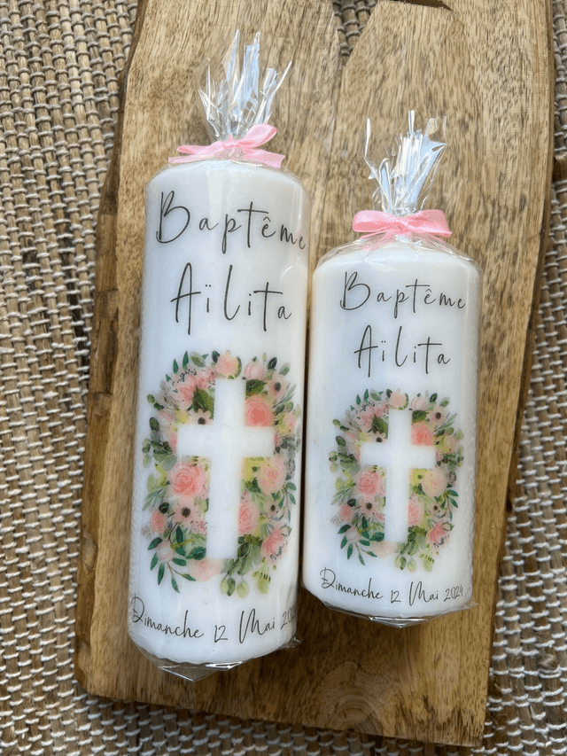 Bougie baptême personnalisée croix fleurs