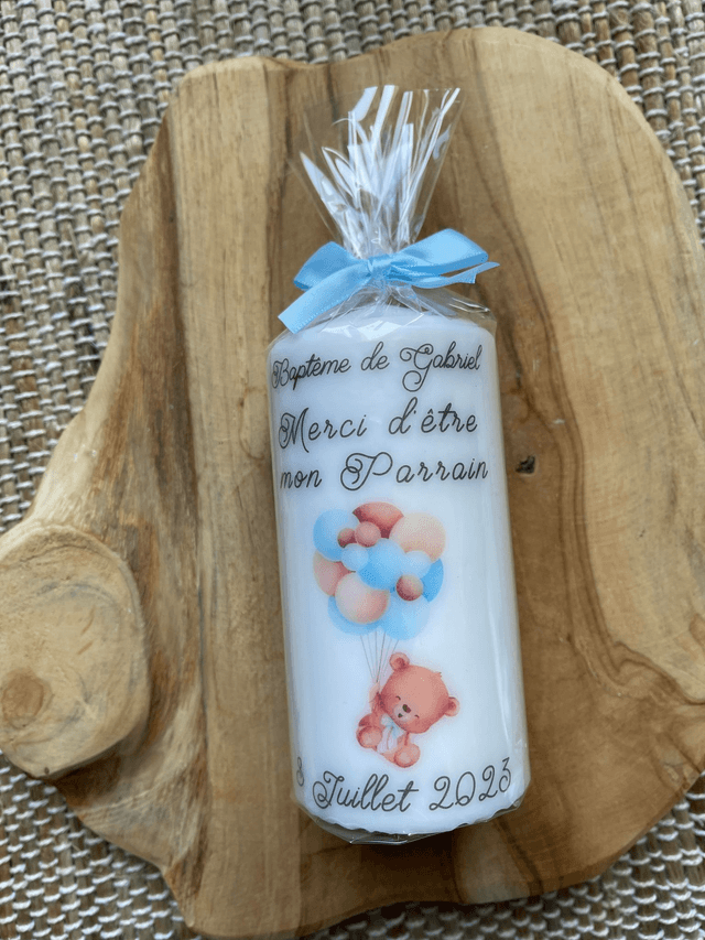 Bougie et chandelle de baptême avec OURSON BLEU ET BALLONS