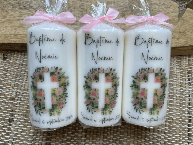Bougie baptême personnalisée croix fleurs