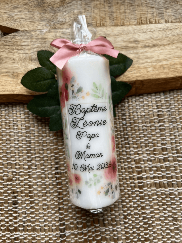 Bougie baptême, communion, thème fleurs