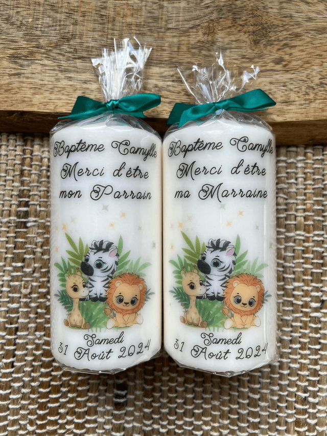 Bougie baptême naissance personnalisée jungle ZEBRE GIRAFE LION