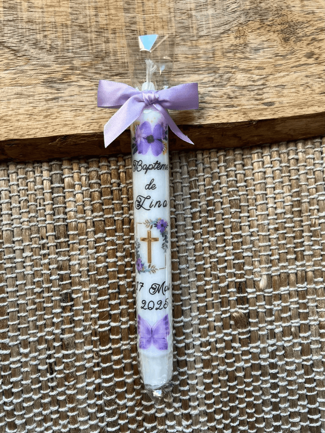 Bougie baptême, communion, couronne papillons, cadre floral papillon et croix