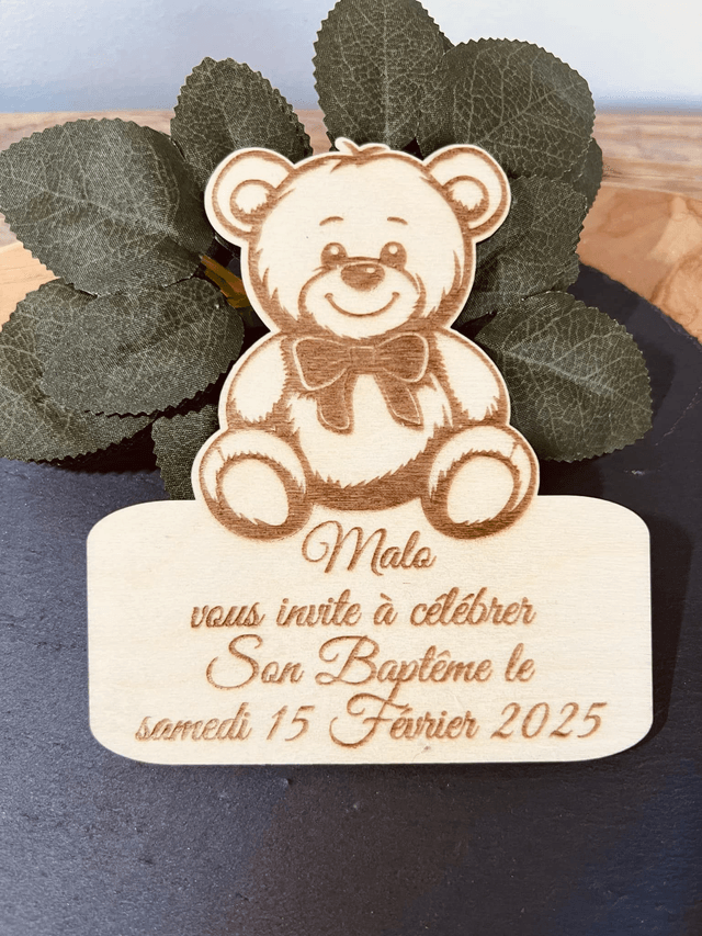 Faire-part Ours baptême naissance anniversaire en bois