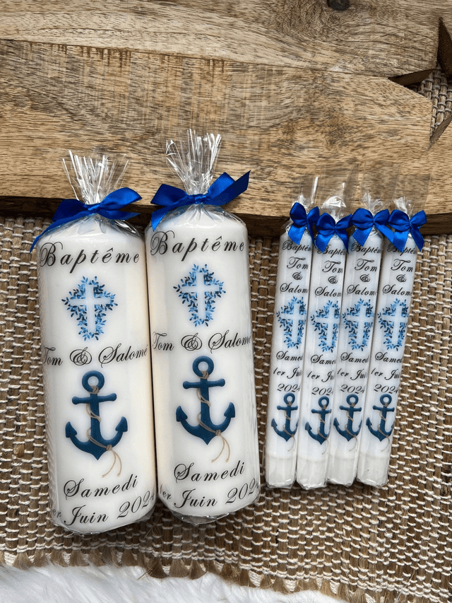 Bougie baptême personnalisée croix ancre marine