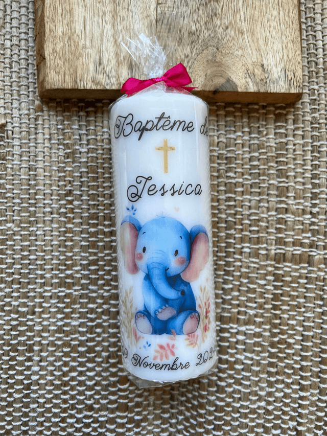 Bougie baptême, communion, naissance personnalisée Eléphant + croix