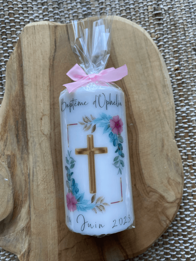 Bougie de baptême personnalisée Croix dorée et fleurs