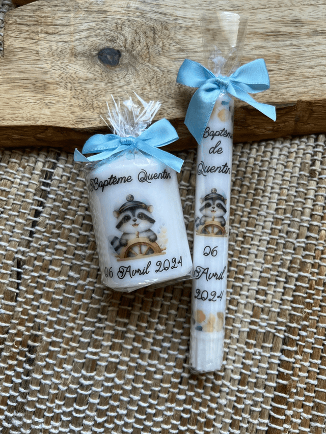 Bougie baptême personnalisée thème Raton laveur marin