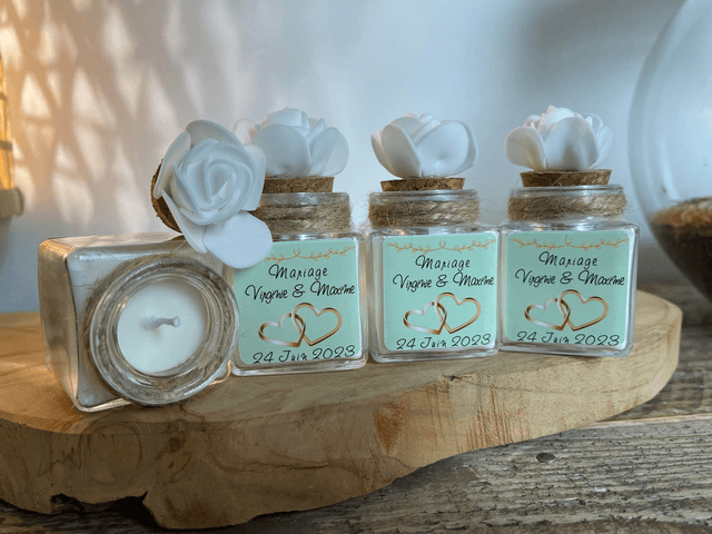 Pots en verre avec  bougie ou dragées  personnalisés pour Mariage