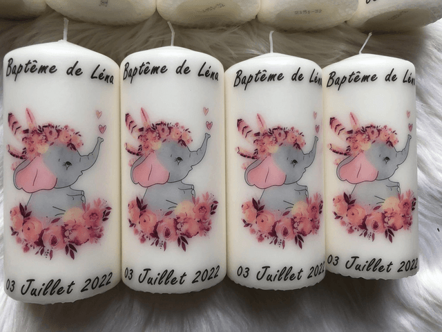 Bougie baptême naissance communion personnalisée éléphant fleurs