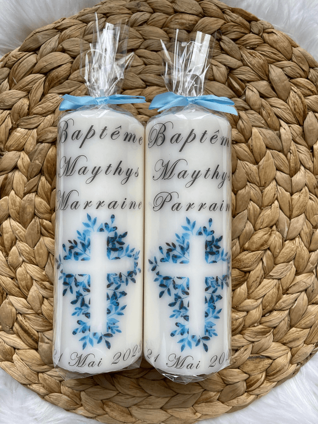 Bougie de baptême personnalisée Croix bleu