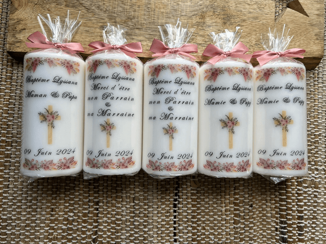 Bougie baptême communion profession de foi personnalisée croix fleurs