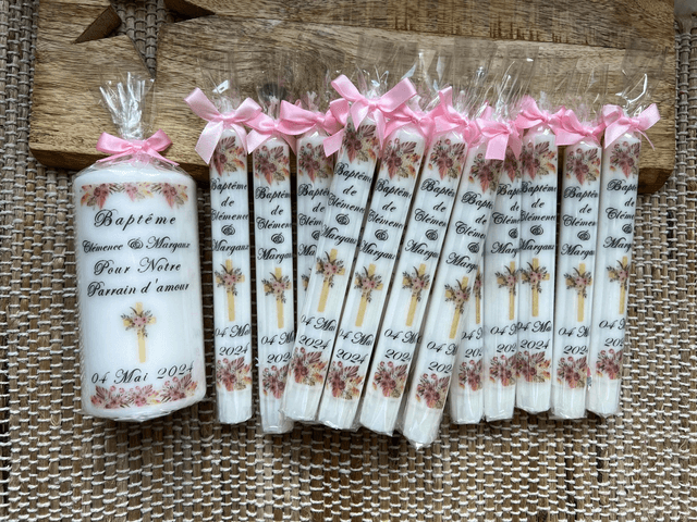 Bougie baptême communion profession de foi personnalisée croix fleurs