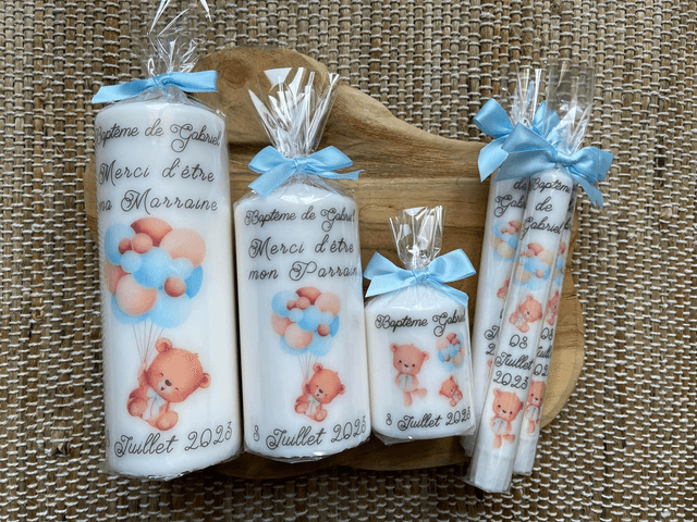 Bougie et chandelle de baptême avec OURSON BLEU ET BALLONS
