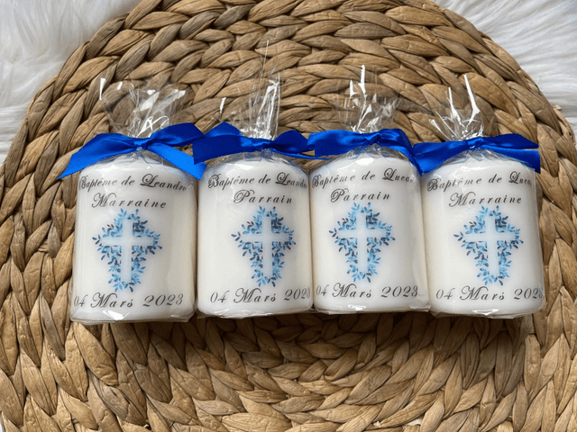 Bougie de baptême personnalisée Croix bleu