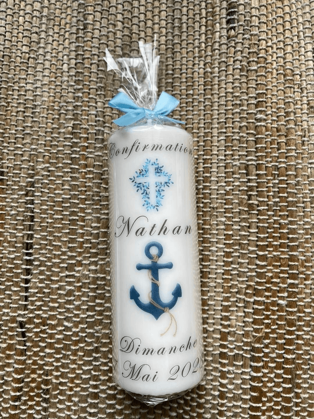 Bougie baptême personnalisée croix ancre marine
