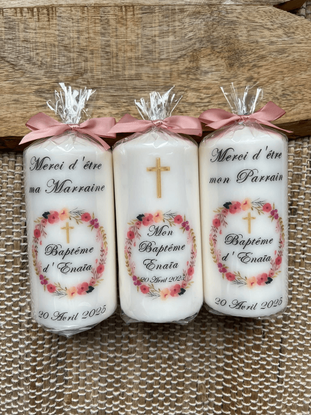 Bougie baptême, communion, naissance personnalisée couronne fleurs et croix dorée