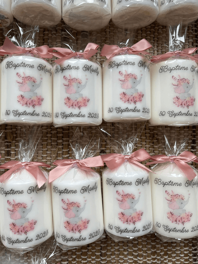 Bougie baptême naissance communion personnalisée éléphant fleurs